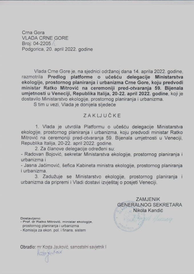 Predlog platforme za učešće delegacije Ministarstva ekologije, prostornog planiranja i urbanizma Crne Gore, koju predvodi ministar Ratko Mitrović na ceremoniji pred-otvaranja 59. Bijenala umjetnosti u Veneciji, Republika Italija - zaključci