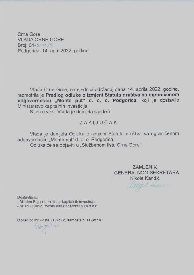 Predlog odluke o izmjeni Statuta društva sa ograničenom odgovornošću „Monte put“ Podgorica - zaključci