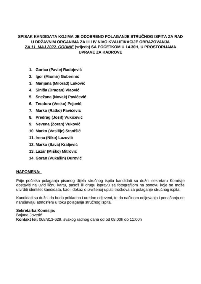 Списак кандидата - 11. мај 2022- ССС