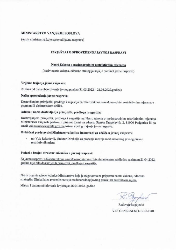 Izvještaj o sprovedenoj javnoj raspravi o Nacrtu Zakona o Međunarodnim Restriktivnim Mjerama