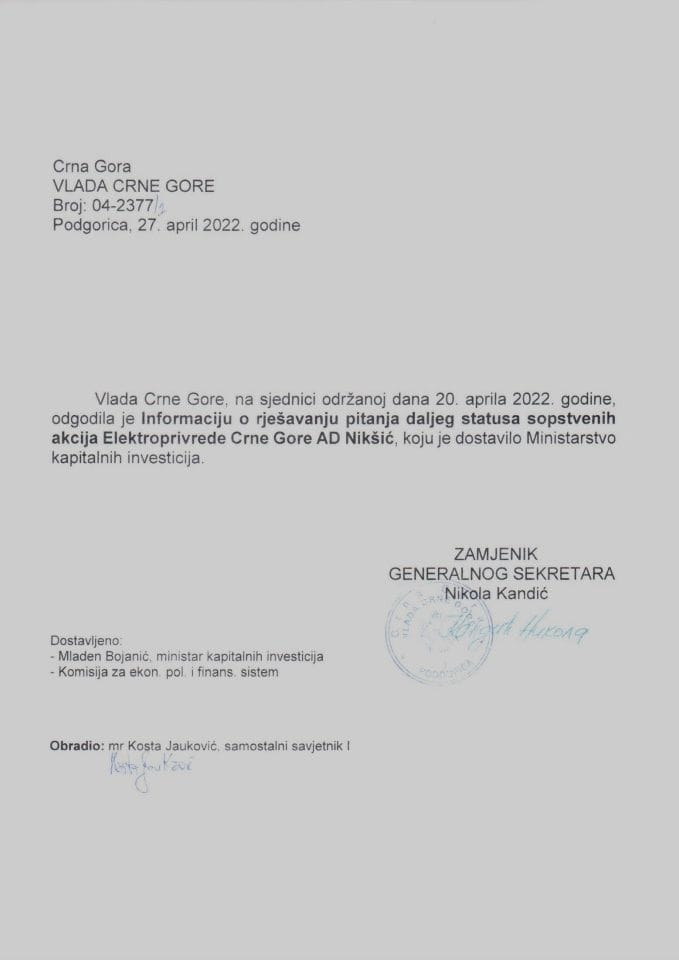 Informacija o rješavanju pitanja daljeg statusa sopstvenih akcija Elektroprivrede Crne Gore AD Nikšić - zaključci