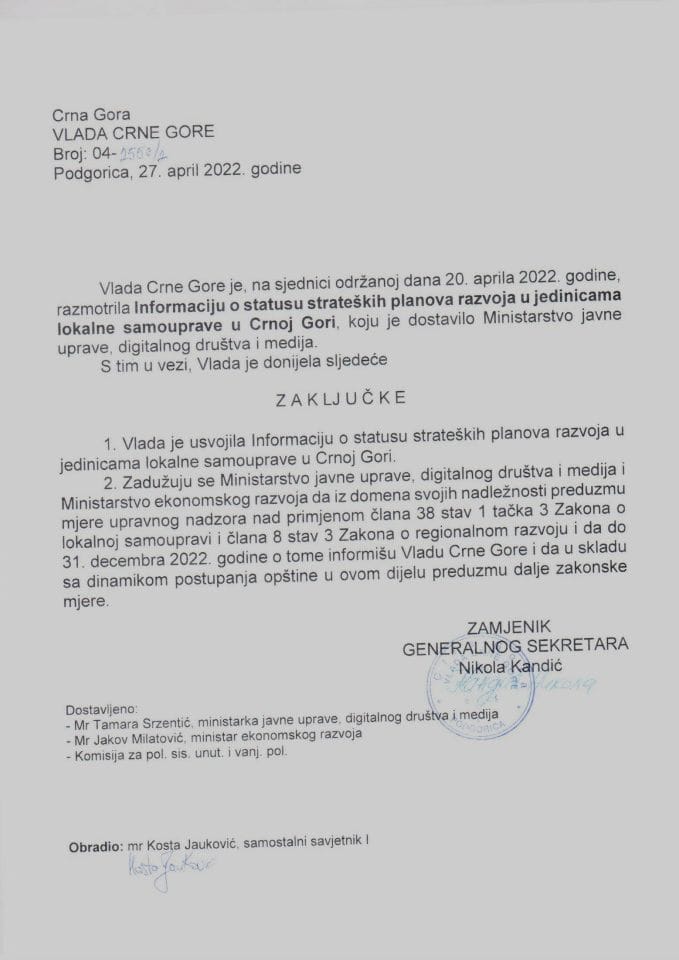 Informacija o statusu strateških planova razvoja u jedinicama lokalne samouprave u Crnoj Gori - zaključci