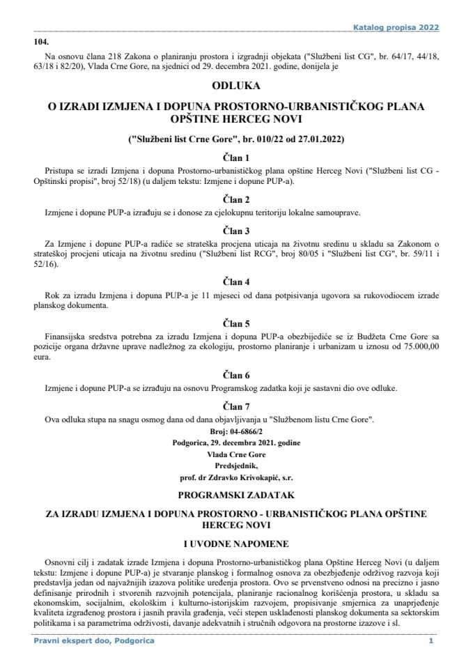 Odluka o izradi Izmjena i dopuna Prostorno-urbanistickog plana Opstine Herceg Novi