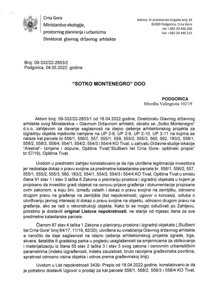 04.05.2022. - Obavještenje - SOTKO MONTENEGRO D.O.O Podgorica - Opština Tivat