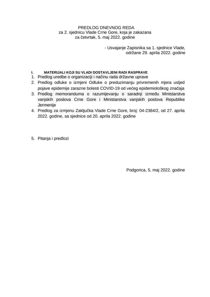 Предлог дневног реда за 2. сједницу Владе Црне Горе