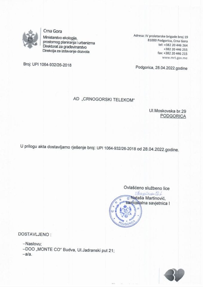 Odbijanje zahtjeva za izdavanje građevinske dozvole - UPI 1064_932_26_2018 AD Crnogorski telekom