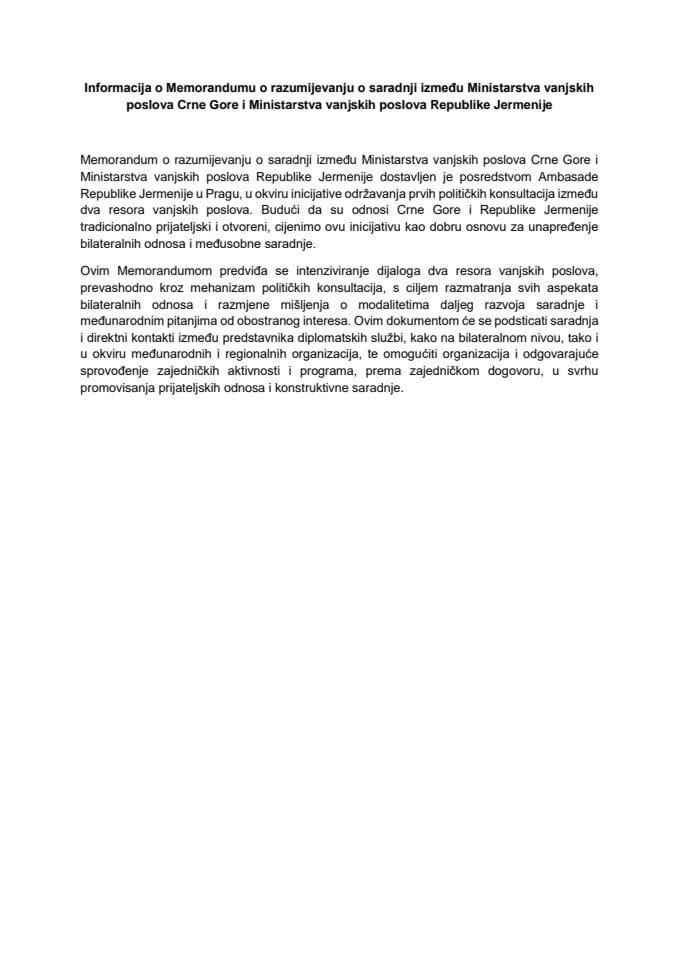Informacija o memorandumu o razumijevanju o saradnji između Ministarstva vanjskih poslova Crne Gore i Ministarstva vanjskih poslova Republike Jermenije s Predlogom memoranduma