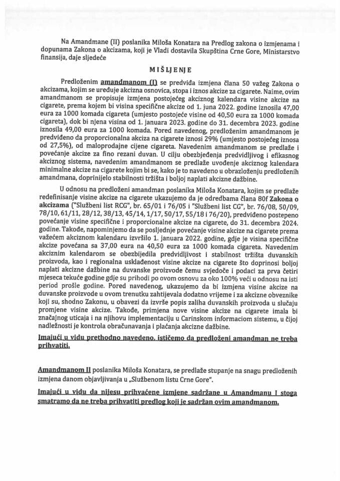 Predlog mišljenja na amandmane (II) poslanika Miloša Konatara na Predlog zakona o izmjenama i dopunama Zakona o akcizama