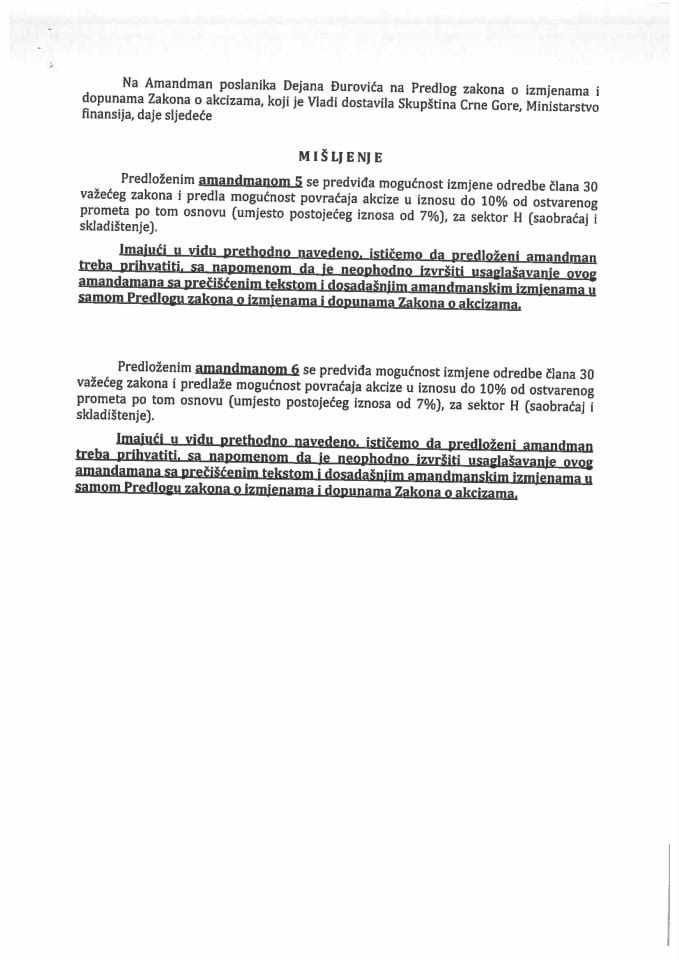 Предлог мишљења на амандмане (2) посланика Дејана Ђуровића, на Предлог закона о измјенама и допунама Закона о акцизама