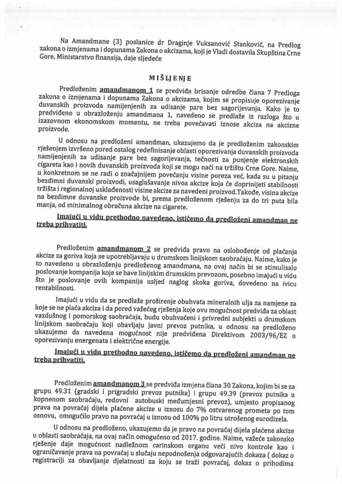 Predlog mišljenja na amandmane (3) poslanice dr Draginje Vuksanović Stanković na Predlog zakona o izmjenama i dopunama Zakona o akcizama