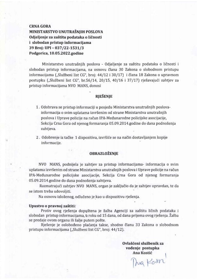 rješenje br.39-UPI-037/22-1531/3