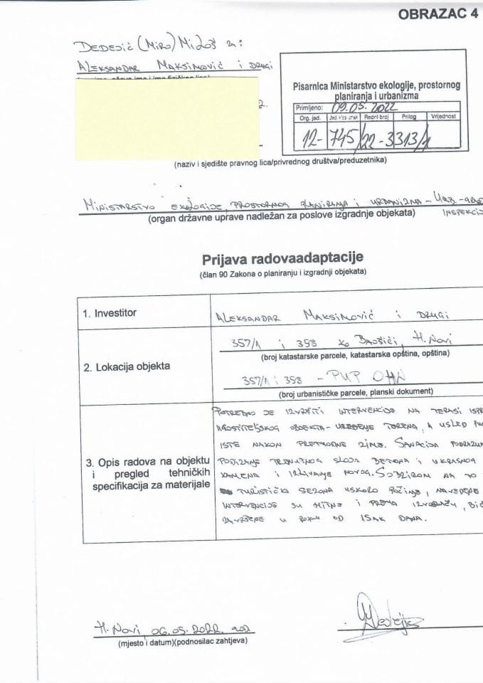 Prijava građenja objekta - 12-745-22-3313-1 ALEKSANDAR MAKSIMOVIĆ I DRUGI