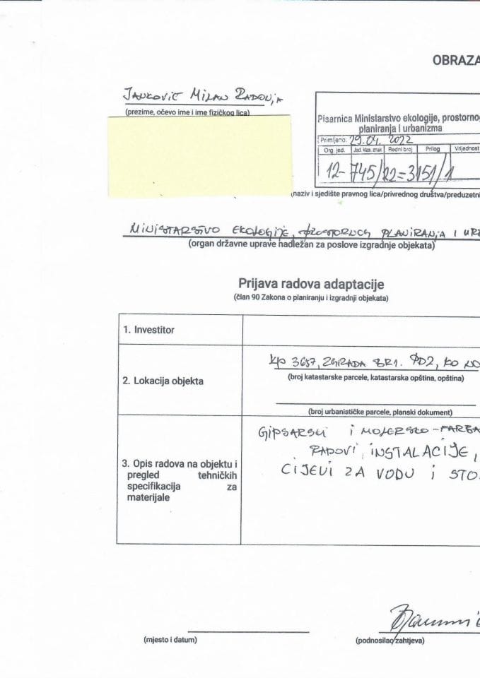 Prijava radova adaptacije - 12-745-22-3151-1 JANKOVIĆ RADONJA