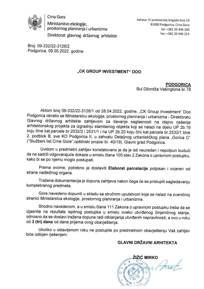 09.05.2022. - Obavještenje - CK GROUP INVESTMENT D.O.O Podgorica - Glavni grad Podgorica