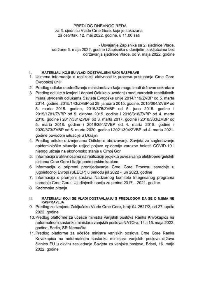 Predlog dnevnog reda za 3. sjednicu Vlade Crne Gore