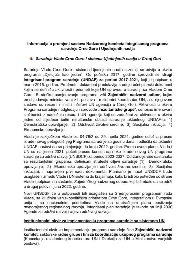 Информација о промјени састава Надзорног комитета Интегрисаног програма сарадње Црне Горе и Уједињених нација за период 2017-2021. године