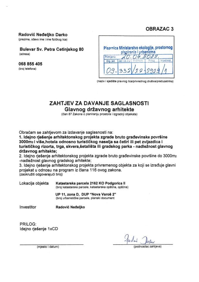 20.04.2022. - Zahtjev - Radović Neđeljko Podgorica - Glavni grad Podgorica