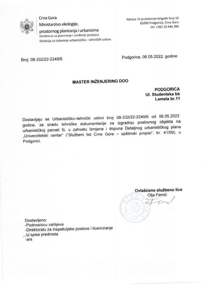 Izdati urbanističko tehnički uslovi 08-332-22-2249-6 MASTER INŽENJERING DOO