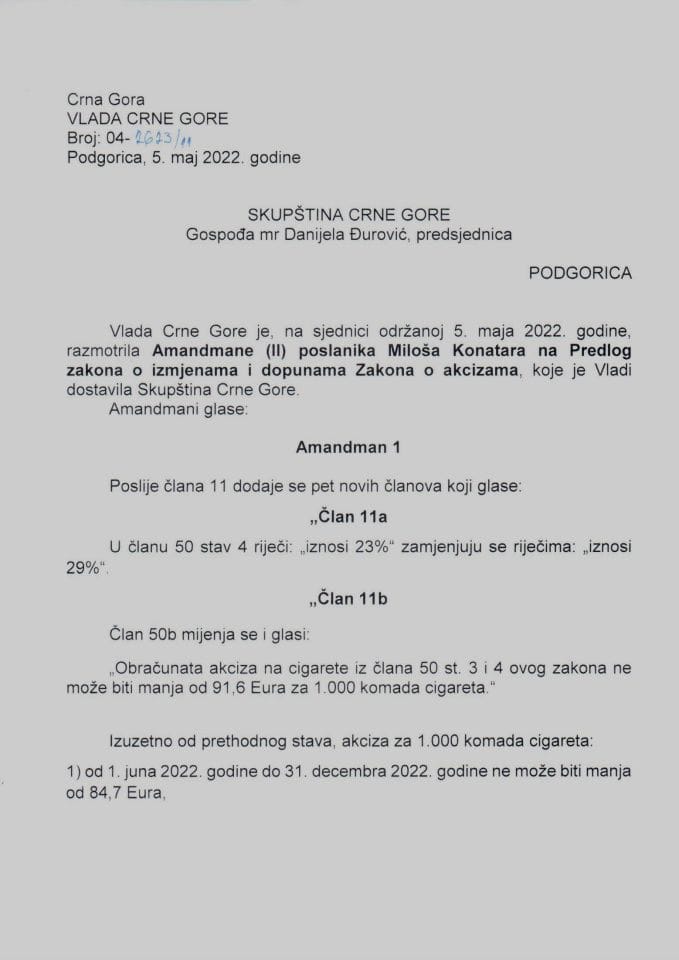 Predlog mišljenja na amandmane (II) poslanika Miloša Konatara na Predlog zakona o izmjenama i dopunama Zakona o akcizama - zaključci