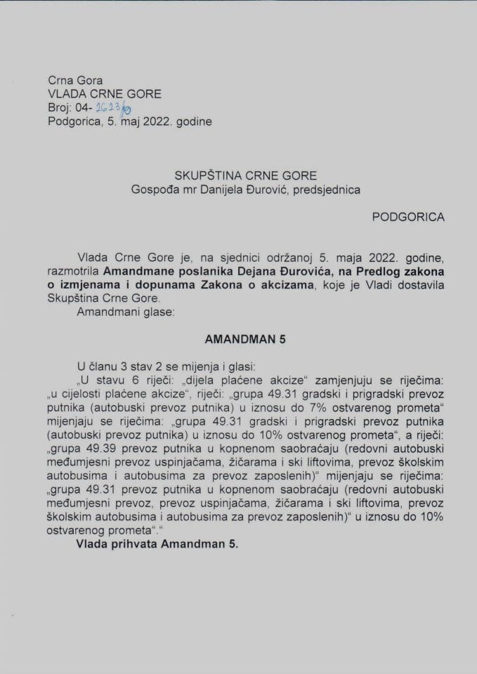Predlog mišljenja na amandmane (2) poslanika Dejana Đurovića, na Predlog zakona o izmjenama i dopunama Zakona o akcizama - zaključci