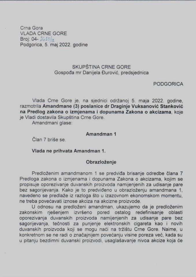 Predlog mišljenja na amandmane (3) poslanice dr Draginje Vuksanović Stanković na Predlog zakona o izmjenama i dopunama Zakona o akcizama - zaključci