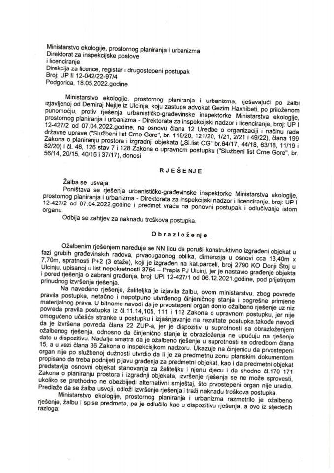 Drugostepena rješenja - UPII 12-042-22-97-4 DEMIRAJ NEJLJA