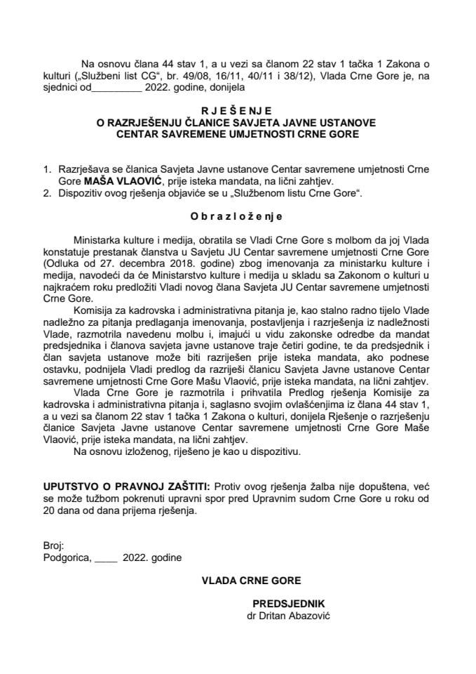 Predlog za razrješenje članice Savjeta Javne ustanove Centar savremene umjetnosti Crne Gore
