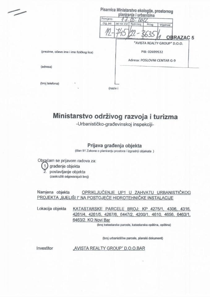 Prijava građenja objekta - 12-745-22-3635-1 Avista Realty Group d.o.o. Bar