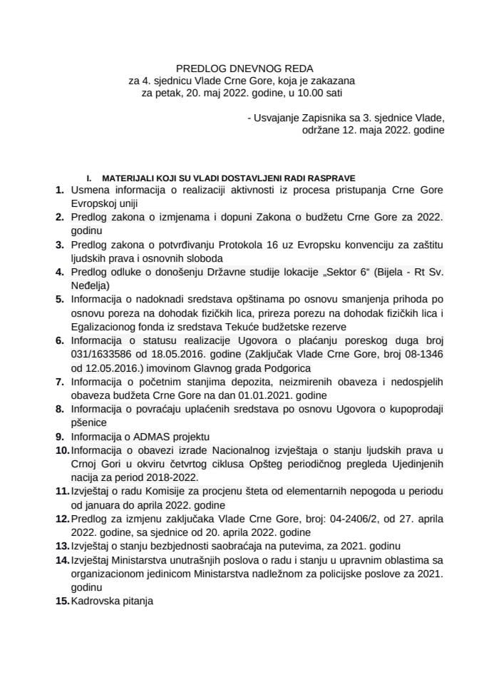 Predlog dnevnog reda za 4. sjednicu Vlade Crne Gore