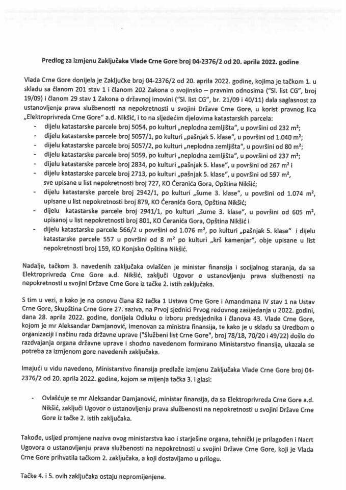 Predlog za izmjenu Zaključaka Vlade Crne Gore, broj: 04-2376/2, od 20. aprila 2022. godine