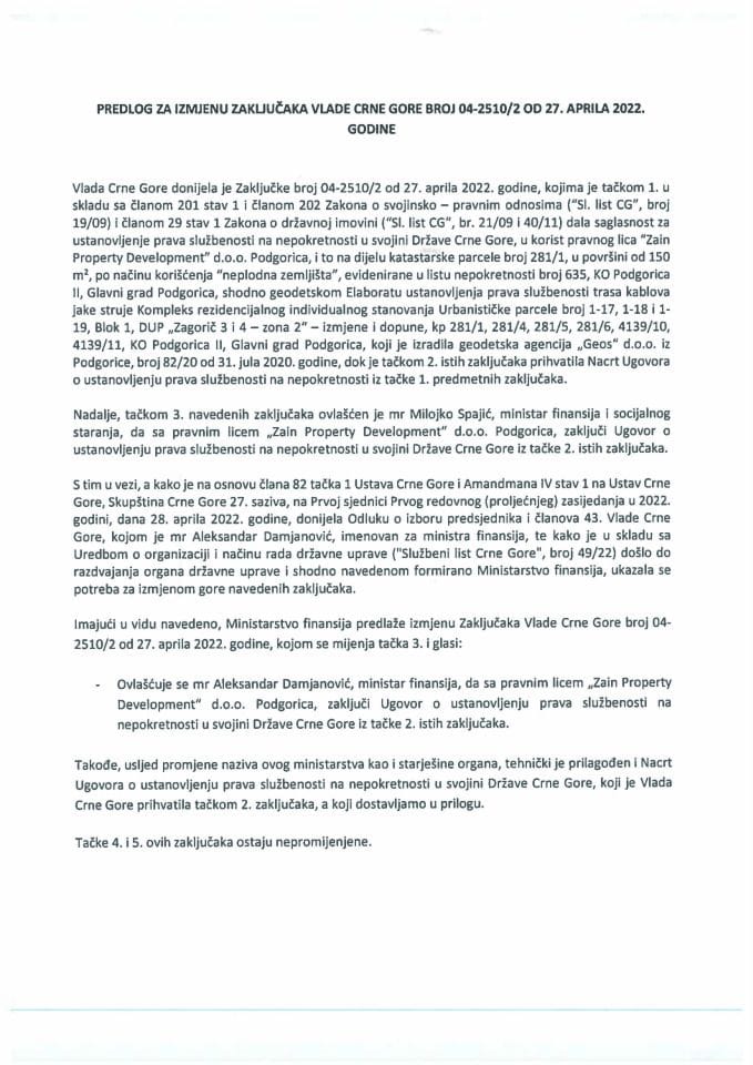 Predlog za izmjenu Zaključaka Vlade Crne Gore, broj: 04-2510/2, od 27. aprila 2022. godine