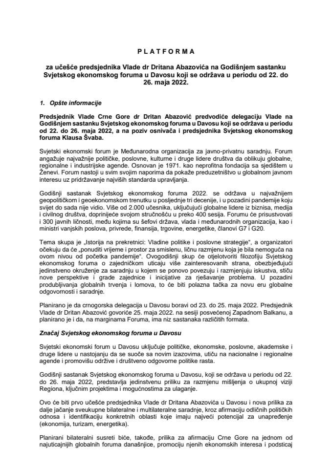 Предлог платформе за учешће предсједника Владе др Дритана Абазовића на Годишњем састанку Свјетског економског форума у Давосу, у периоду од 22. до 26. маја 2022. године