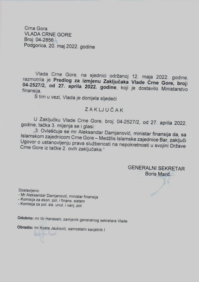 Предлог за измјену Закључака Владе Црне Горе, број: 04-2527/2, од 27. априла 2022. године (без расправе) - закључци