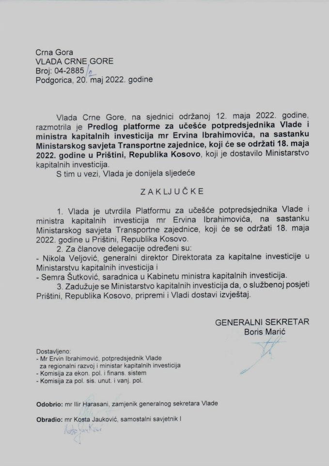 Predlog platforme za učešće potpredsjednika Vlade i ministra kapitalnih investicija mr Ervina Ibrahimovića, na sastanku Ministarskog savjeta Transportne zajednice, koji će se održati 18. maja 2022. godine u Prištini, Republika Kosovo (bez rasprave) - zaključci