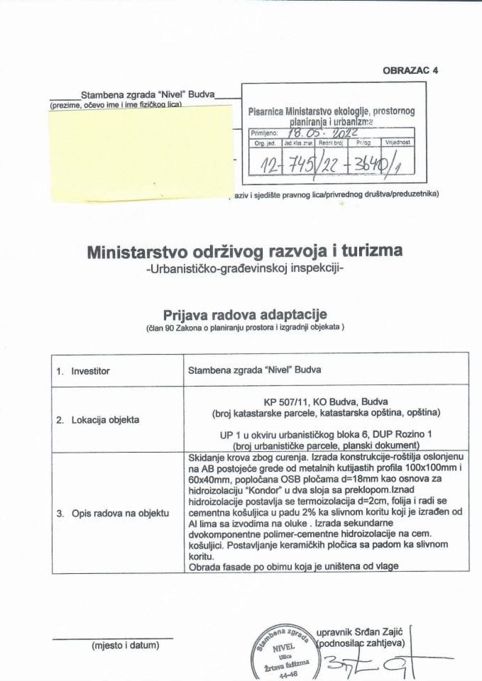 Prijava radova adaptacije - 12-745/22-3640/1 STAMBENA ZGRADA NIVEL - BUDVA