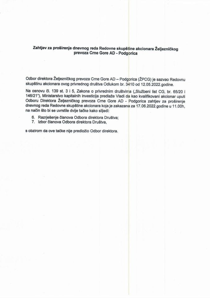 Zahtjev za proširenje dnevnog reda Redovne Skupštine akcionara Željezničkog prevoza Crne Gore AD – Podgorica