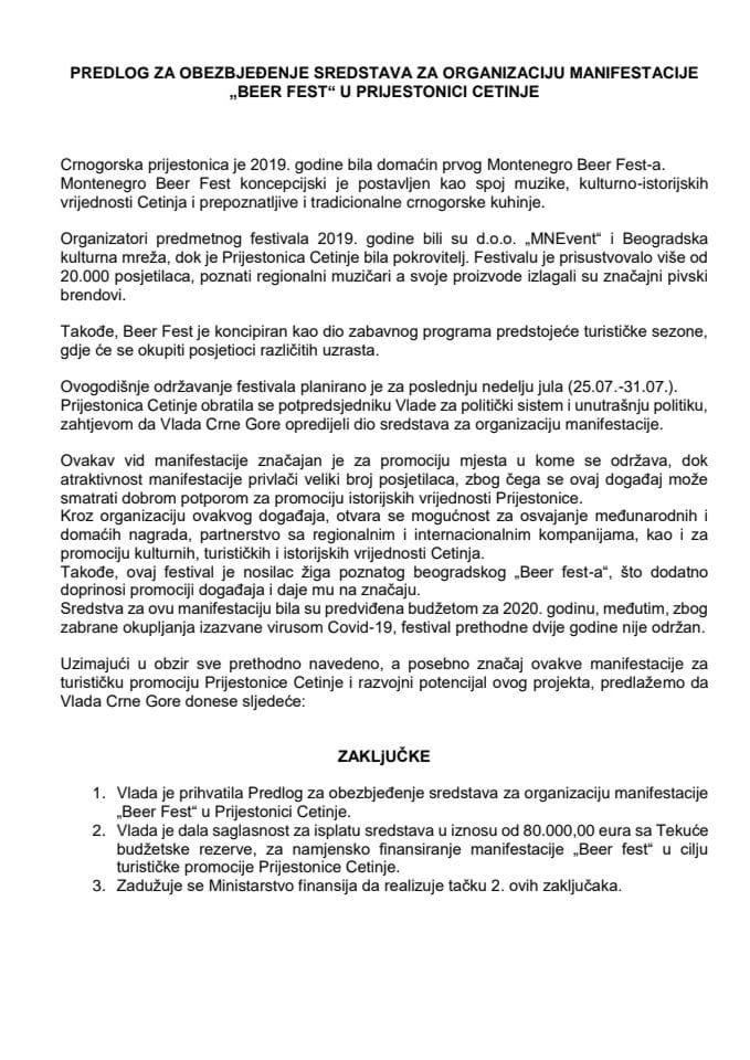 Предлог за обезбјеђење средстава за организацију манифестације „BEER FEST“ у Пријестоници Цетиње (без расправе)