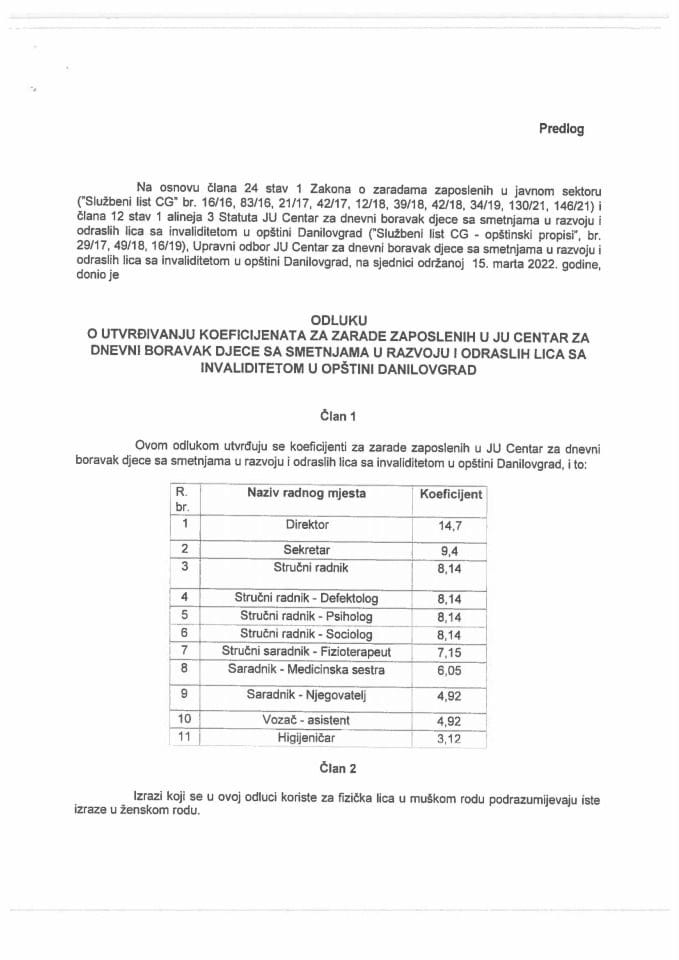 Предлог одлуке о утврђивању коефицијената за зараде запослених у ЈУ Центар за дневни боравак дјеце са сметњама у развоју и одраслих лица са инвалидитетом у општини Даниловград (без расправе)