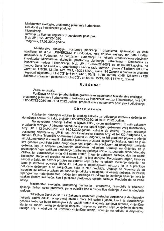 Drugostepena rješenja - UPII 12-042-22-105-3 DOO UNIVERZUM