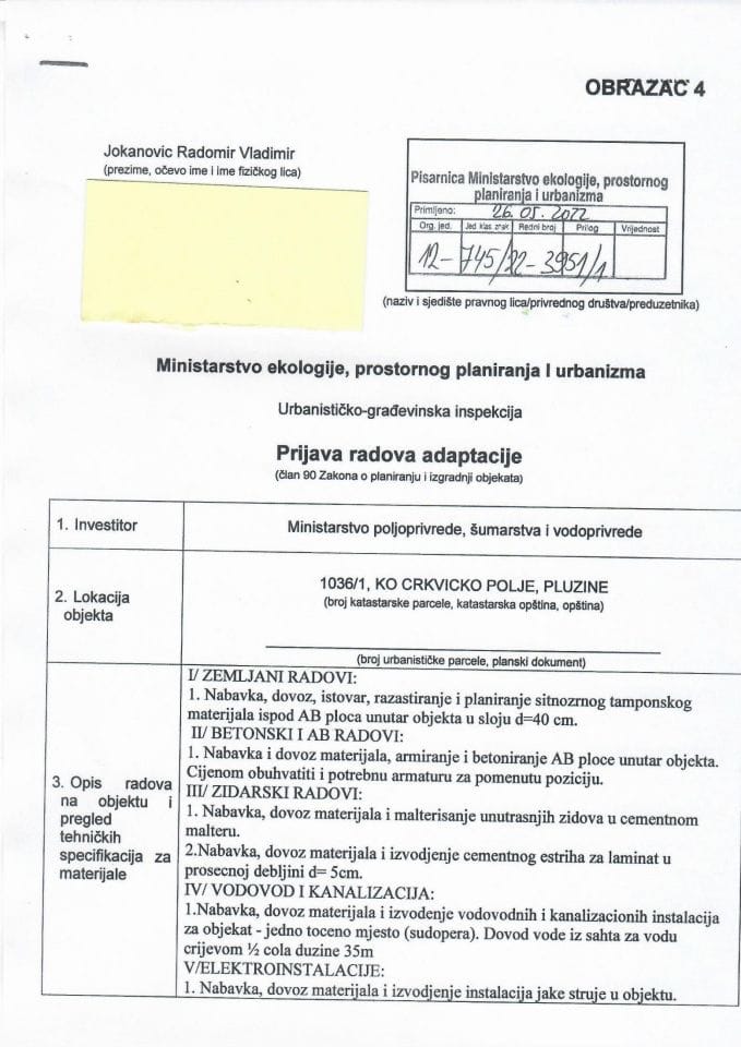 Prijava radova adaptacije - 12-745-22-3951-1 MINISTARSTVO POLJOPRIVREDE, ŠUMARSTVA I VODOPRIVREDE