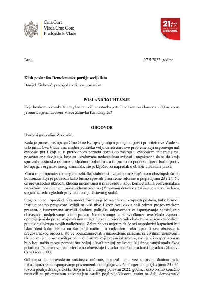 Pisani odgovor predsjednika Vlade dr Dritana Abazovića na poslaničko pitanje Danijela Živkovića