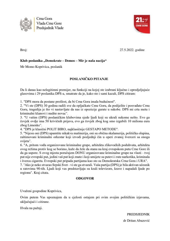 Pisani odgovor predsjednika Vlade dr Dritana Abazovića na poslaničko pitanje mr Moma Koprivice