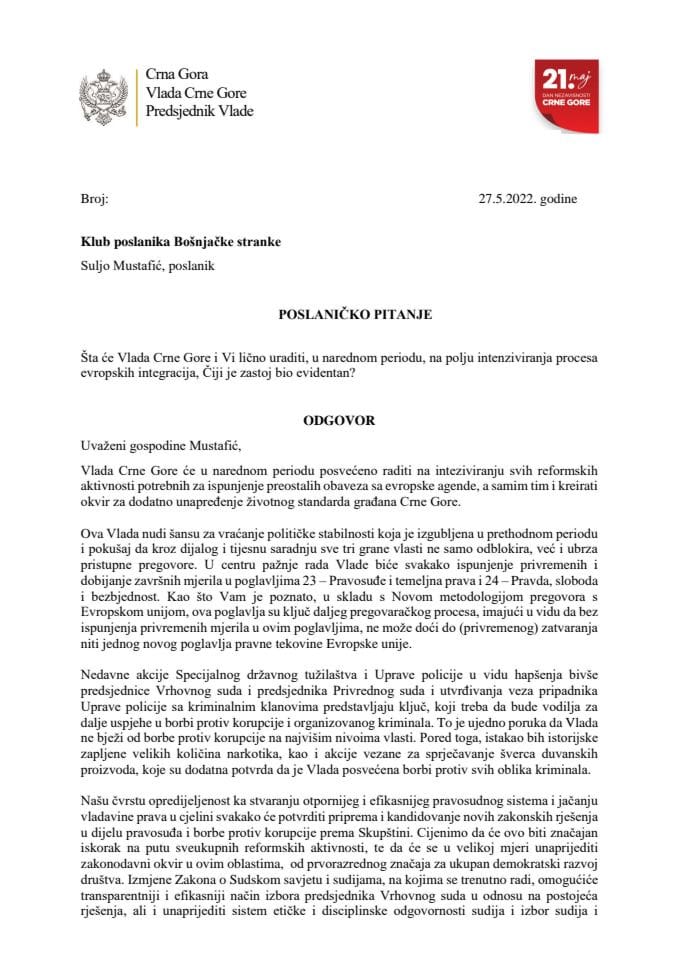 Писани одговор предсједника Владе др Дритана Абазовића на посланичко питање Суља Мустафића
