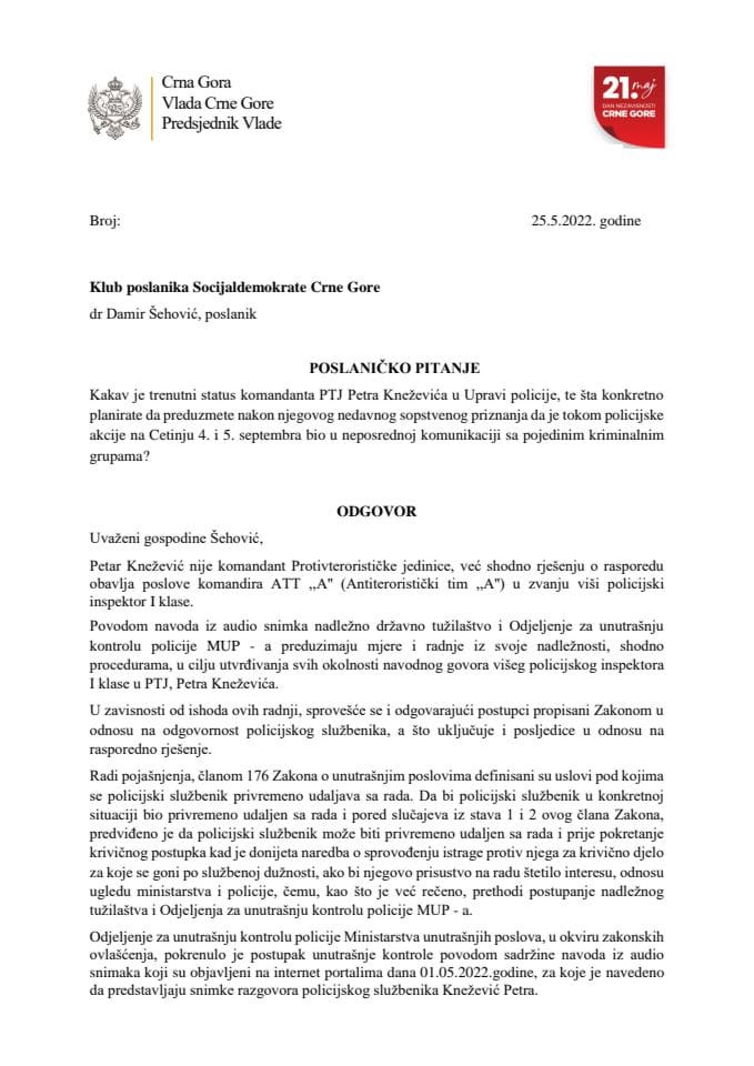 Pisana verzija odgovora predsjednika Vlade dr Dritana Abazovića na poslaničko pitanje dr Damira Šehovića