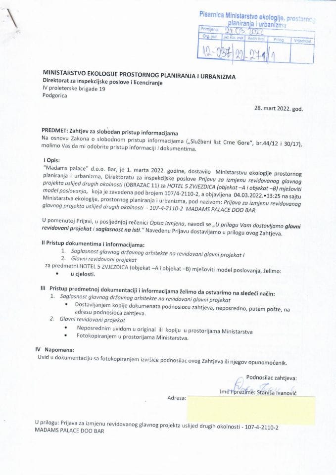 Zahtjev - Slobodan pristup informacijama - UPI 12-037-22-271-1 - STANIŠA IVANOVIĆ