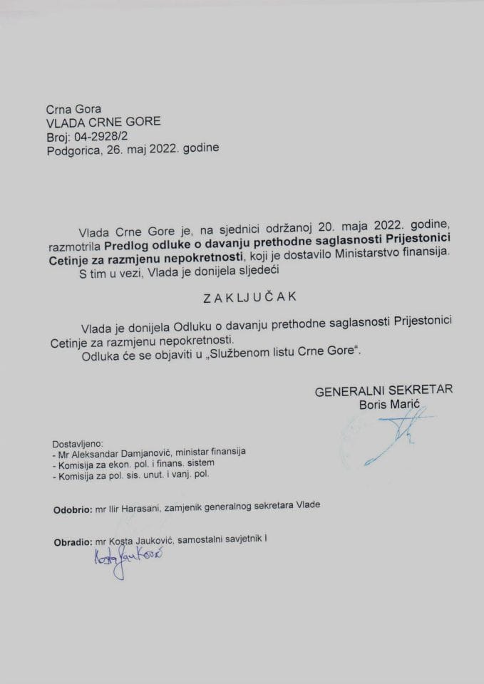 Predlog odluke o davanju prethodne saglasnosti Prijestonici Cetinje za razmjenu nepokretnosti - zaključci