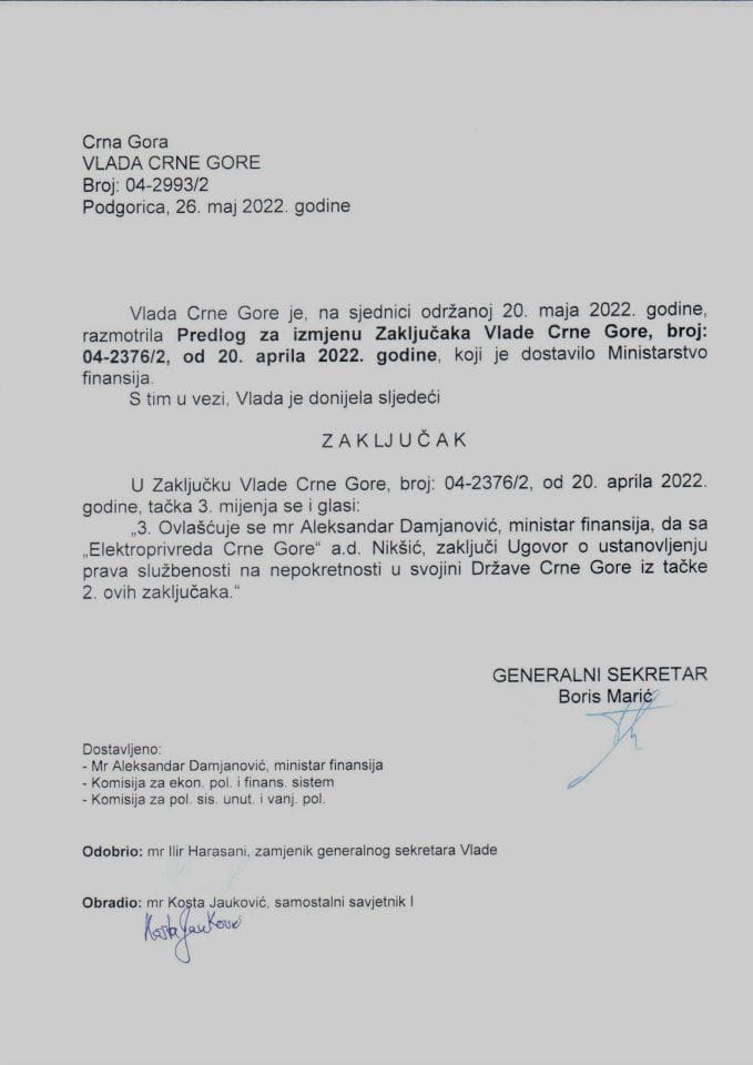 Predlog za izmjenu Zaključaka Vlade Crne Gore, broj: 04-2376/2, od 20. aprila 2022. godine - zaključci
