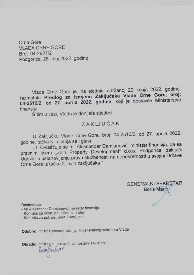 Predlog za izmjenu Zaključaka Vlade Crne Gore, broj: 04-2510/2, od 27. aprila 2022. godine - zaključci
