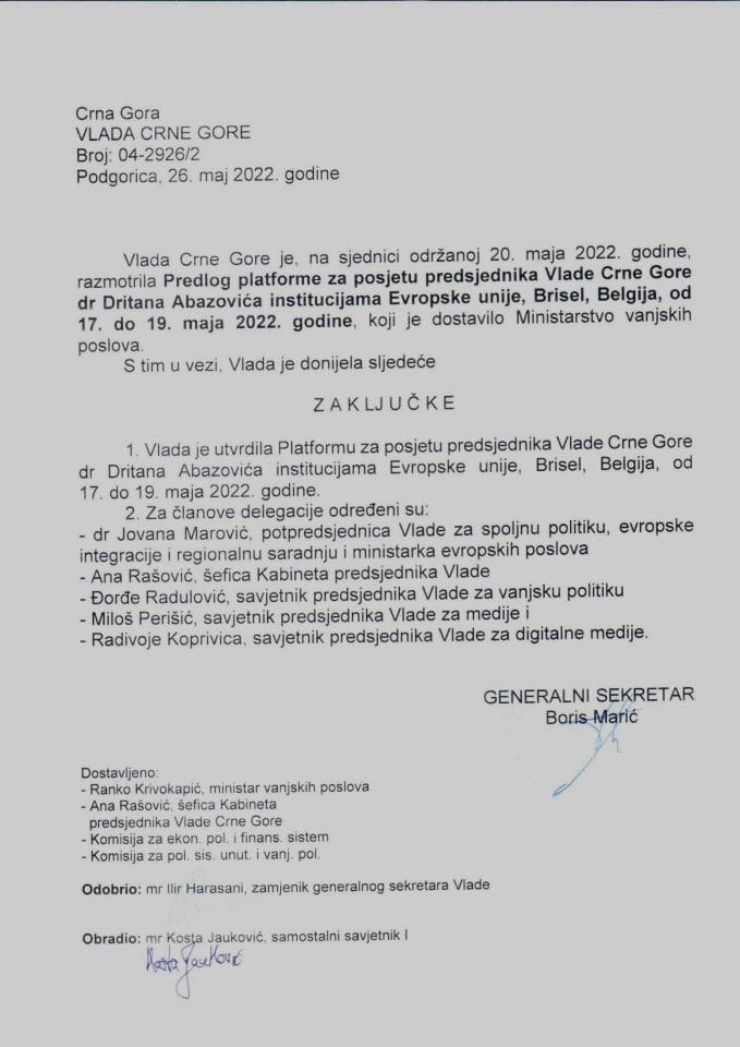 Predlog platforme za posjetu predsjednika Vlade Crne Gore dr Dritana Abazovića institucijama Evropske unije, Brisel, Belgija, od 17. do 19. maja 2022. godine - zaključci