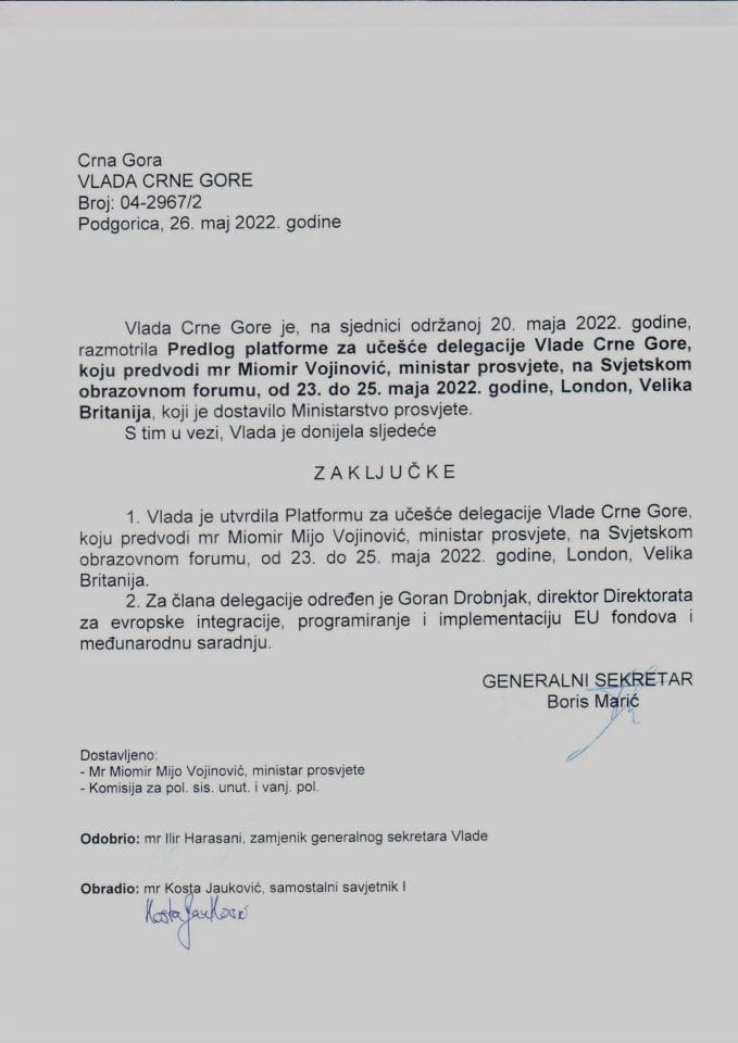 Предлог платформе за учешће делегације Владе Црне Горе, коју предводи мр Миомир Војиновић, министар просвјете, на Свјетском образовном форуму, од 23. до 25. маја 2022. године, Лондон, Велика Британија - закључци